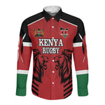 Custom Afro Kenya Rugby Long Sleeve Button Shirt African Lion Head