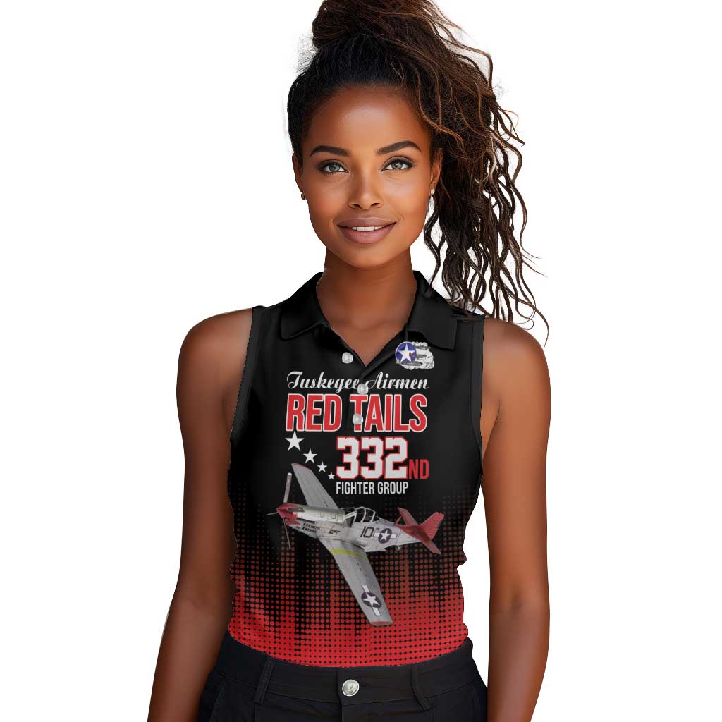 Tuskegee Red Tails Airmen WWII Tribute Women Sleeveless Polo Shirt 332nd Fighter Group - Black - African Pride