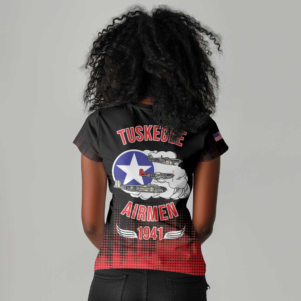 Tuskegee Red Tails Airmen WWII Tribute Women V-Neck T-Shirt 332nd Fighter Group - Black - African Pride