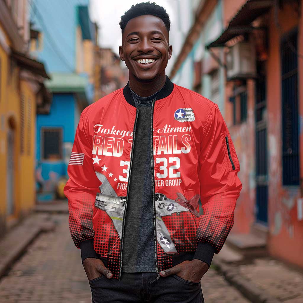 Tuskegee Red Tails Airmen WWII Tribute Sleeve Zip Bomber Jacket 332nd Fighter Group - Red - African Pride