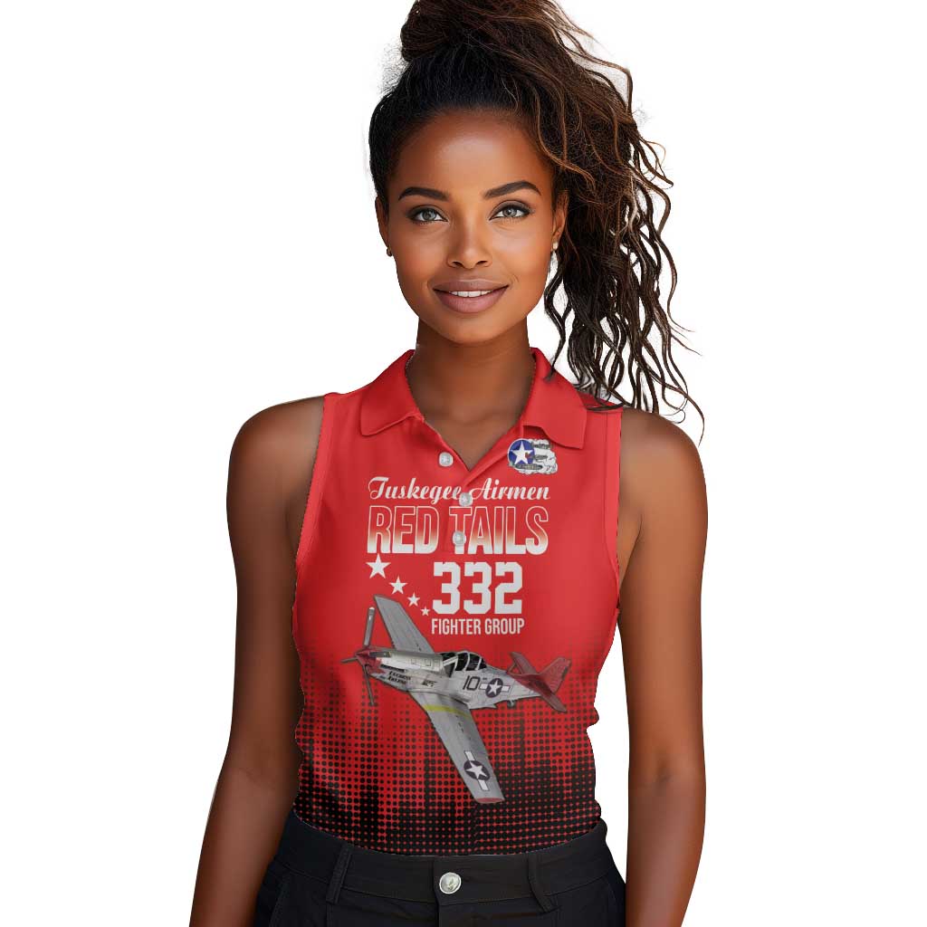 Tuskegee Red Tails Airmen WWII Tribute Women Sleeveless Polo Shirt 332nd Fighter Group - Red - African Pride