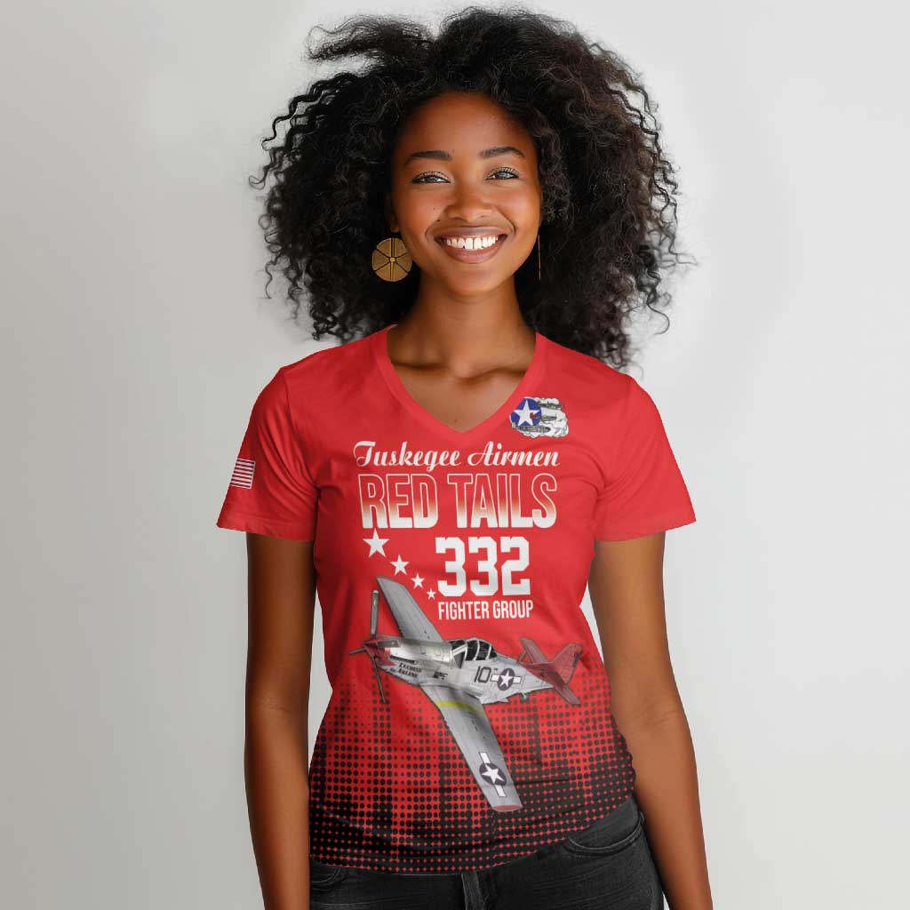 Tuskegee Red Tails Airmen WWII Tribute Women V-Neck T-Shirt 332nd Fighter Group - Red - African Pride