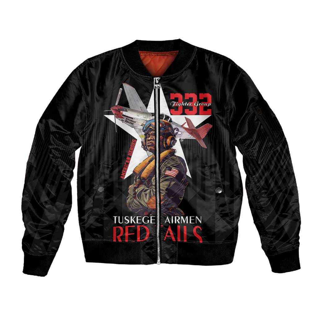 Tuskegee Airmen Red Tails Legacy Sleeve Zip Bomber Jacket African American Pilots - Black - African Pride