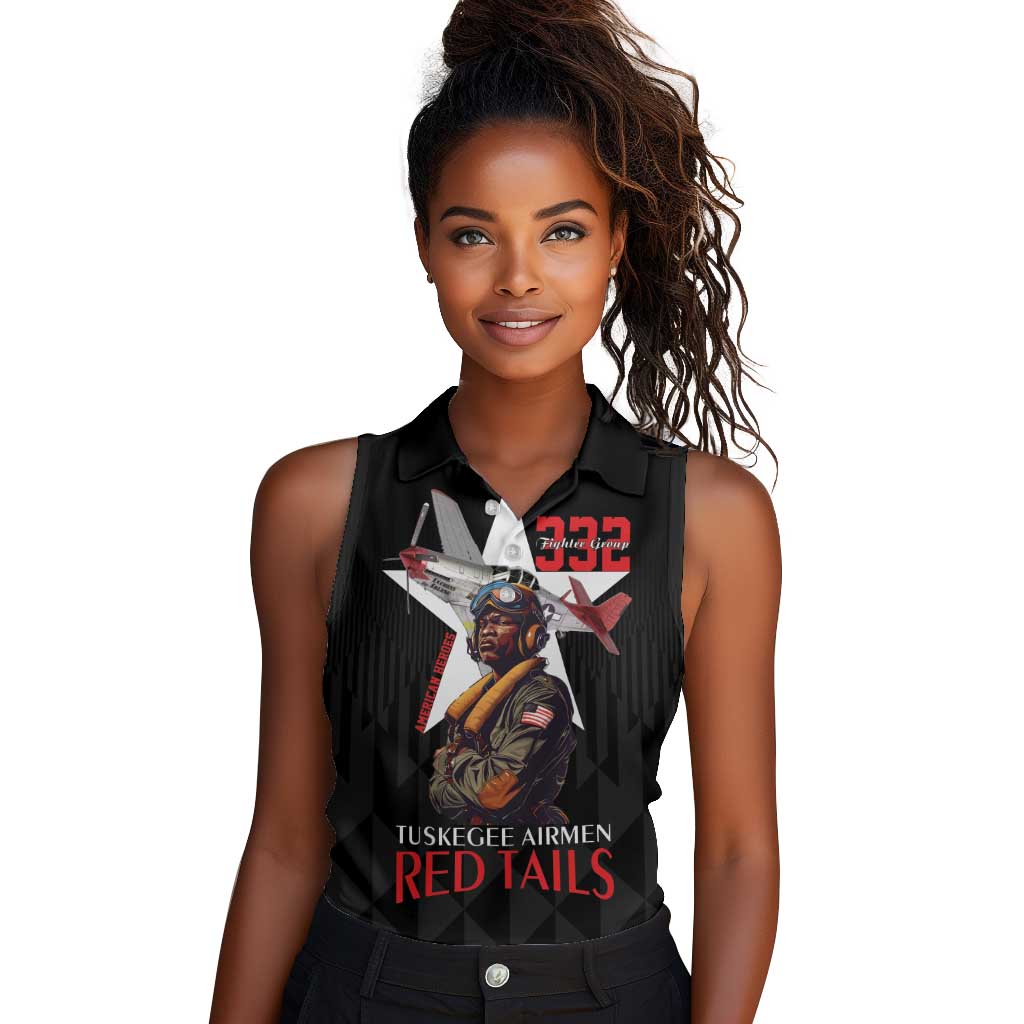 Tuskegee Airmen Red Tails Legacy Women Sleeveless Polo Shirt African American Pilots - Black - African Pride