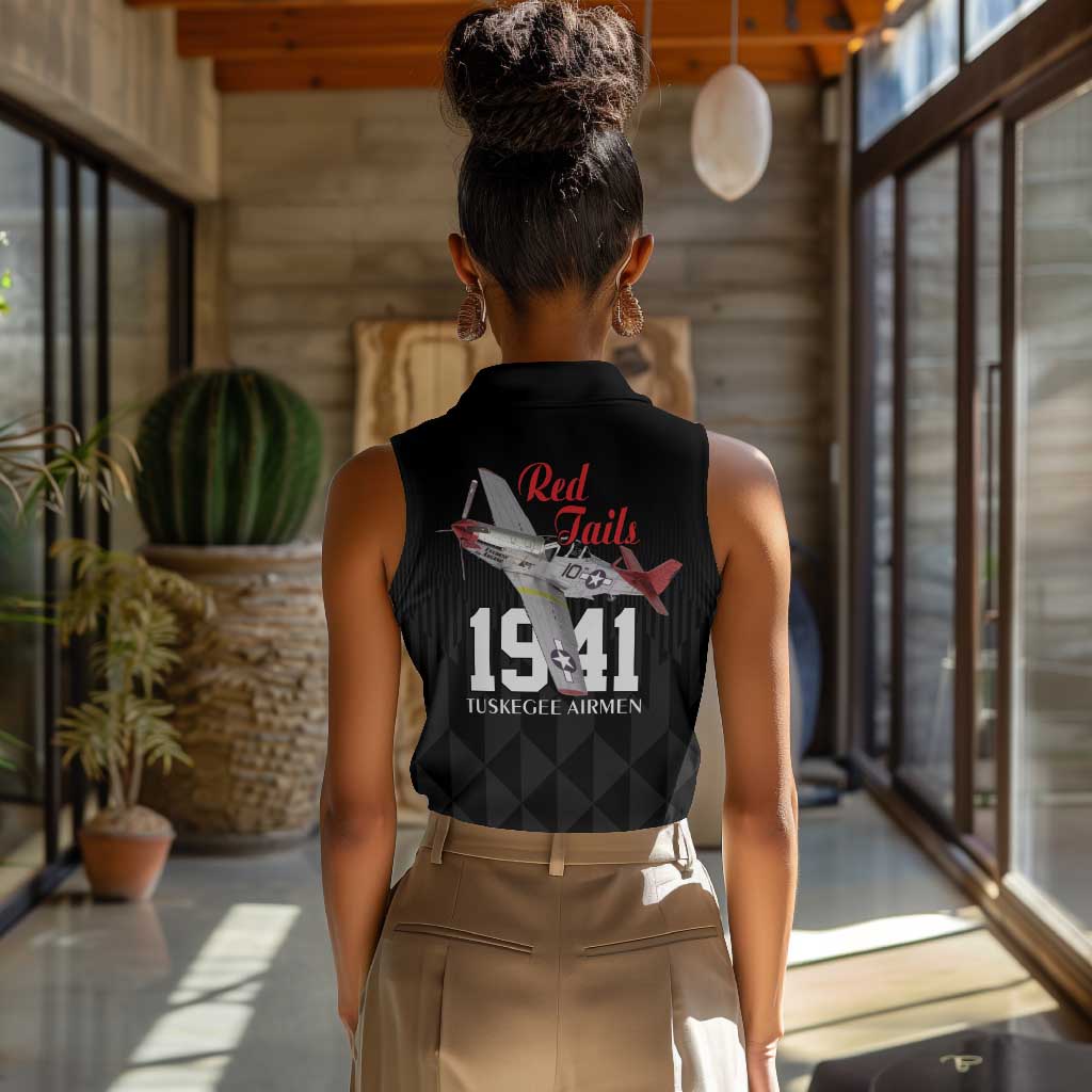 Tuskegee Airmen Red Tails Legacy Women Sleeveless Polo Shirt African American Pilots - Black - African Pride