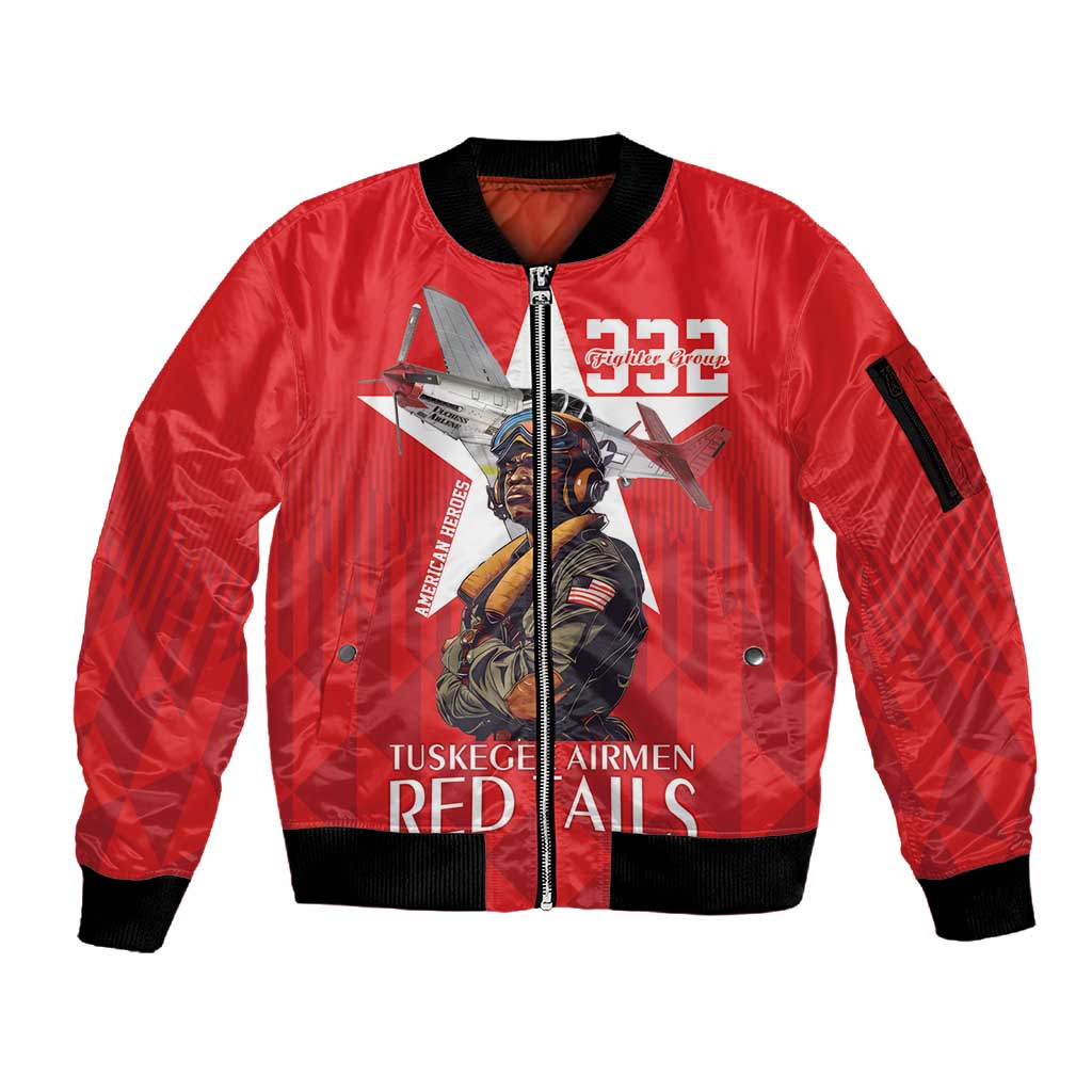 Tuskegee Airmen Red Tails Legacy Sleeve Zip Bomber Jacket African American Pilots - Red - African Pride