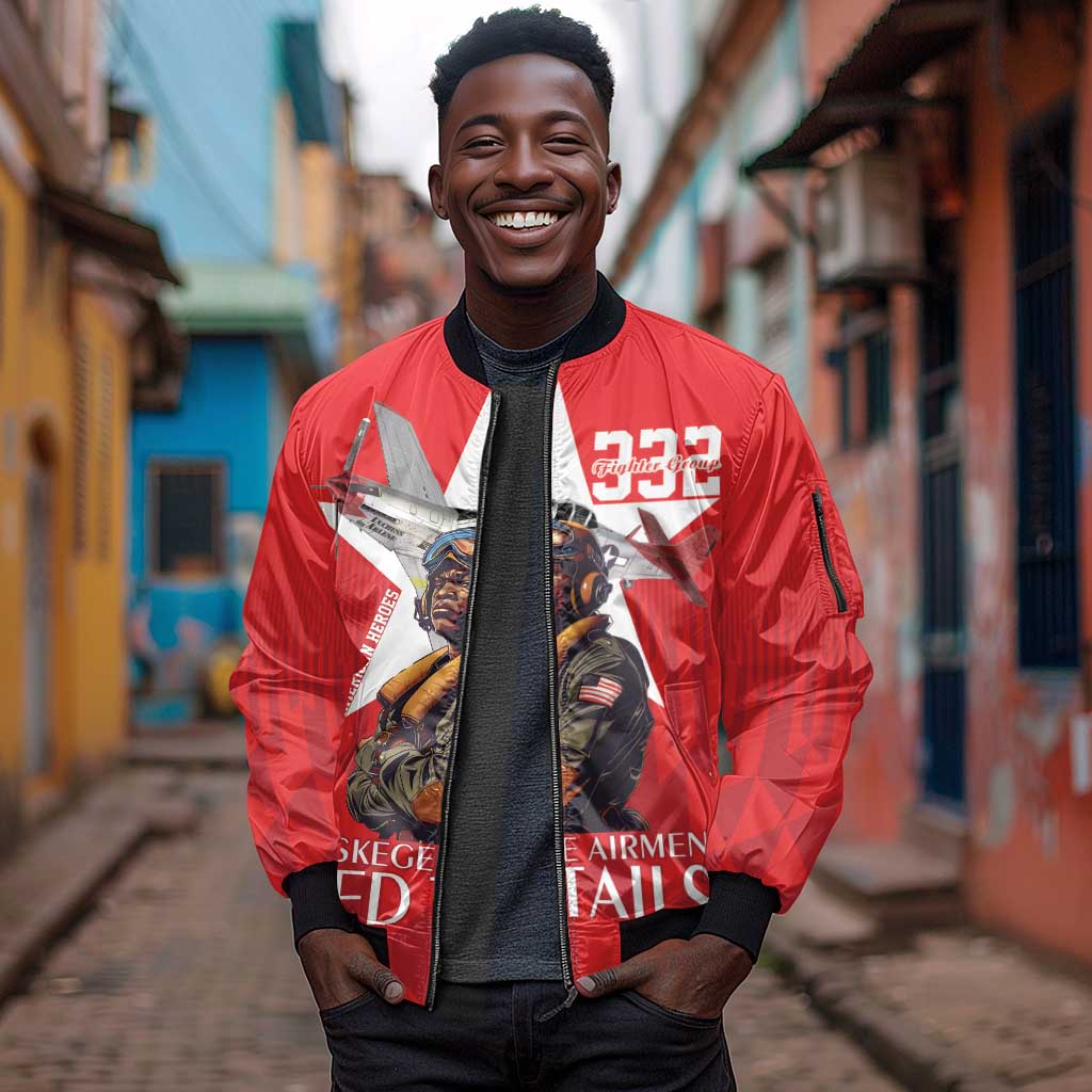 Tuskegee Airmen Red Tails Legacy Sleeve Zip Bomber Jacket African American Pilots - Red - African Pride