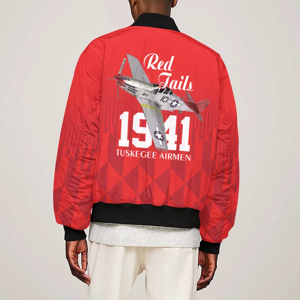 Tuskegee Airmen Red Tails Legacy Sleeve Zip Bomber Jacket African American Pilots - Red - African Pride
