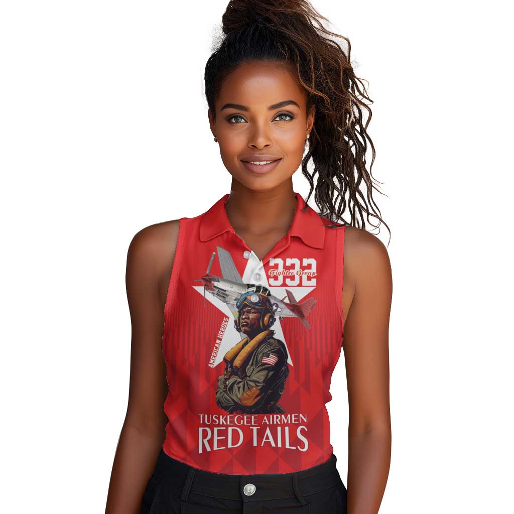 Tuskegee Airmen Red Tails Legacy Women Sleeveless Polo Shirt African American Pilots - Red - African Pride