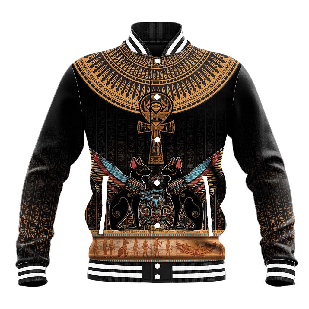 Winged Egypt Cats Baseball Jacket Hieroglyphs Alphabet Pattern