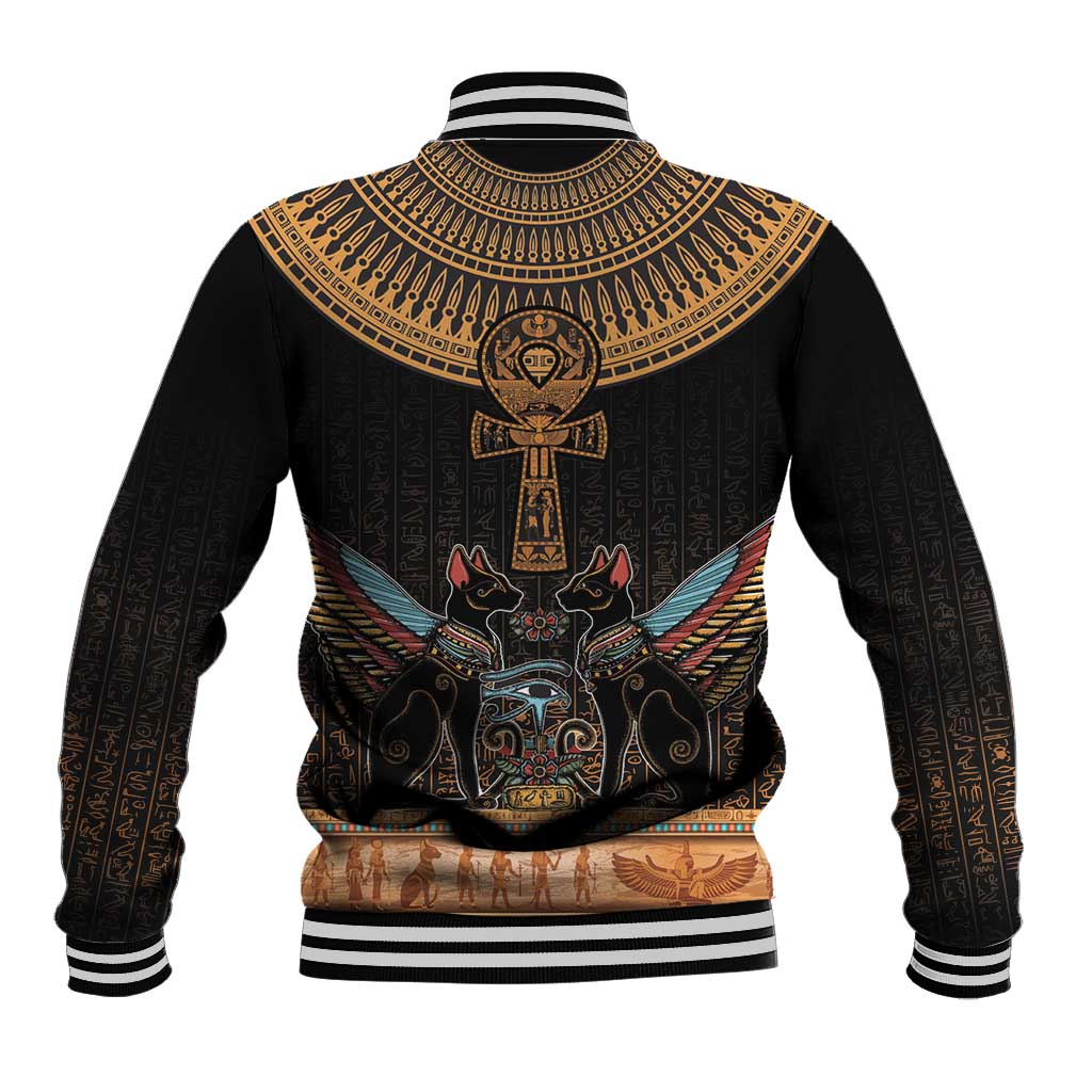 Winged Egypt Cats Baseball Jacket Hieroglyphs Alphabet Pattern