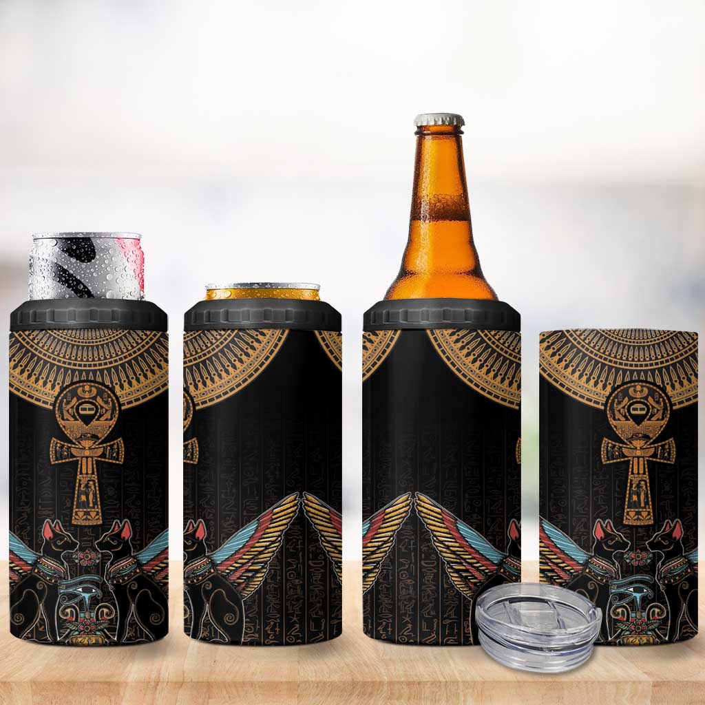 Winged Egypt Cats 4 in 1 Can Cooler Tumbler Hieroglyphs Alphabet Pattern