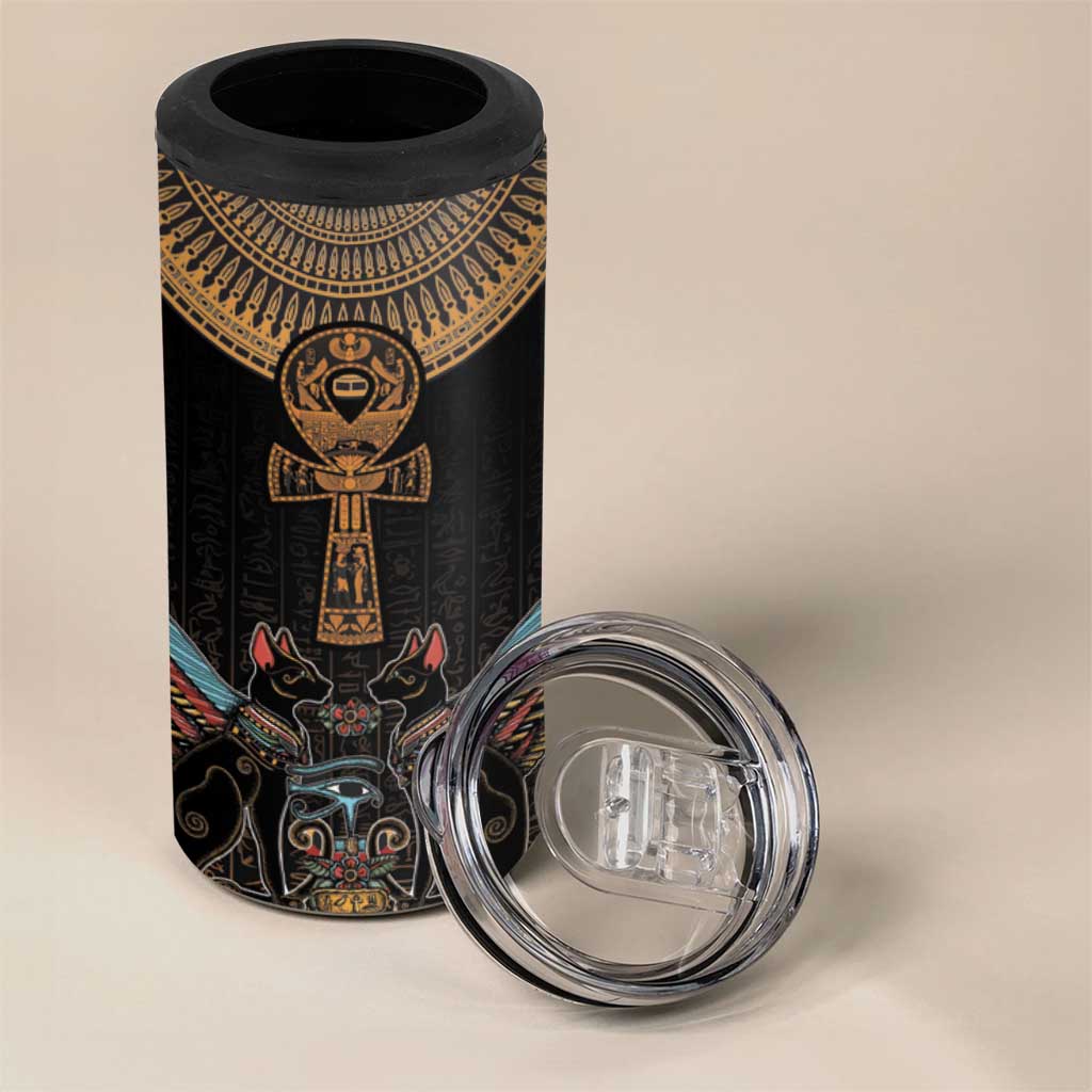 Winged Egypt Cats 4 in 1 Can Cooler Tumbler Hieroglyphs Alphabet Pattern