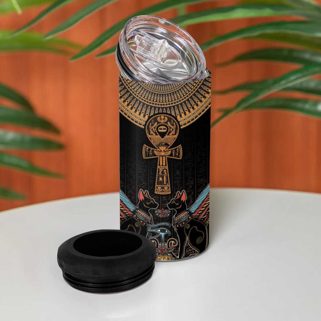 Winged Egypt Cats 4 in 1 Can Cooler Tumbler Hieroglyphs Alphabet Pattern