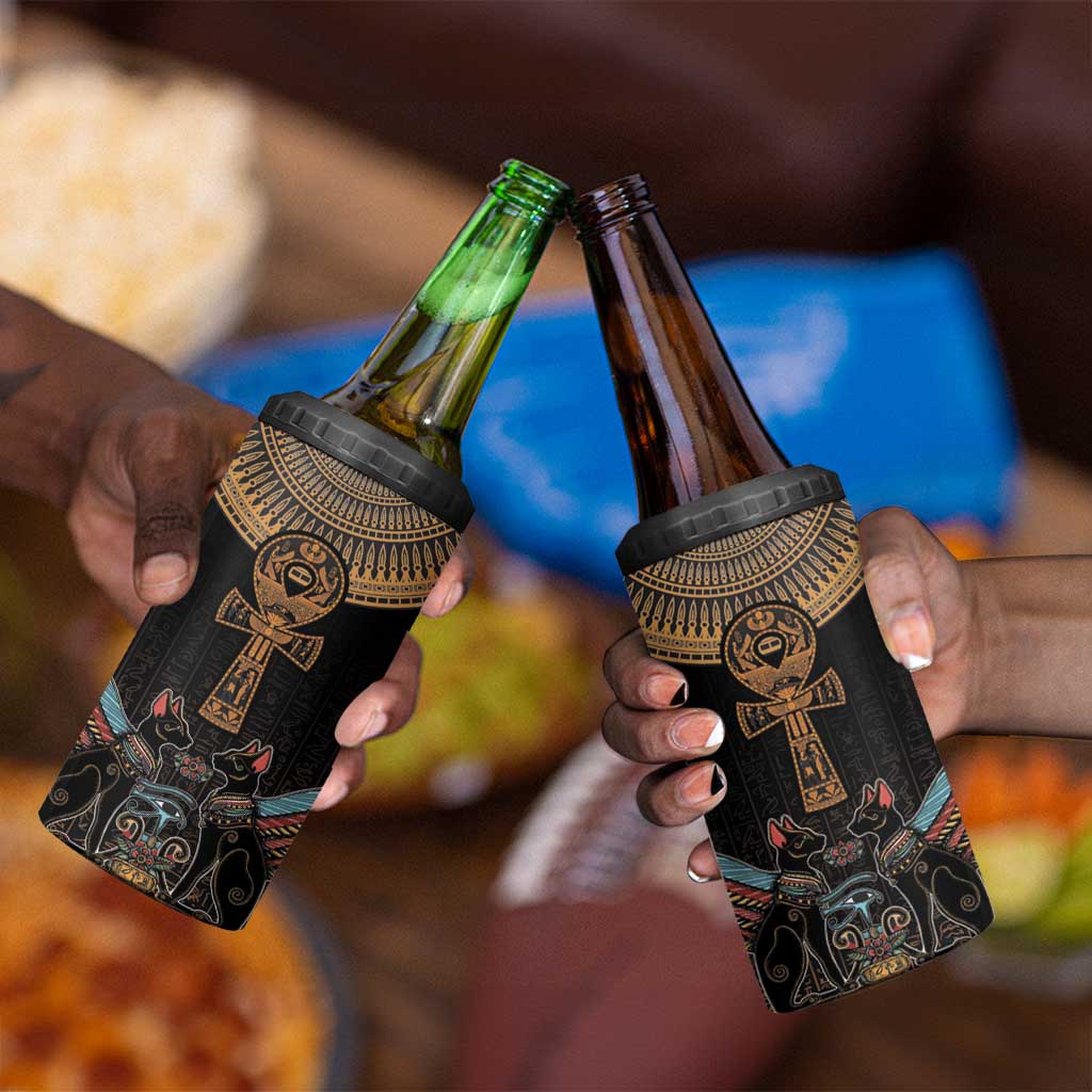 Winged Egypt Cats 4 in 1 Can Cooler Tumbler Hieroglyphs Alphabet Pattern