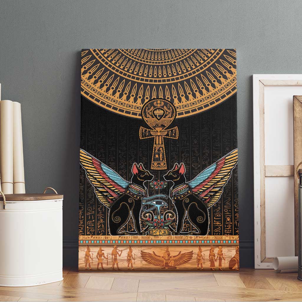 Winged Egypt Cats Canvas Wall Art Hieroglyphs Alphabet Pattern