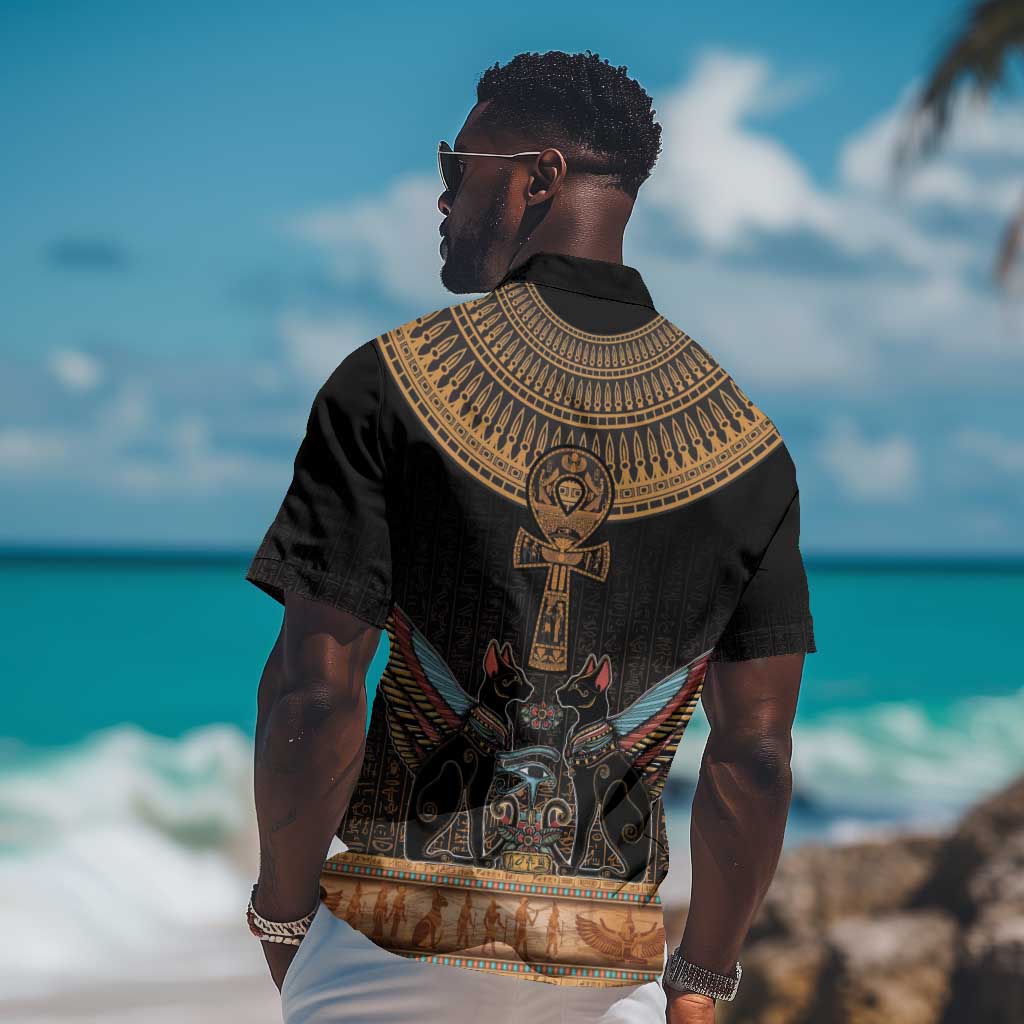 Winged Egypt Cats Hawaiian Shirt Hieroglyphs Alphabet Pattern