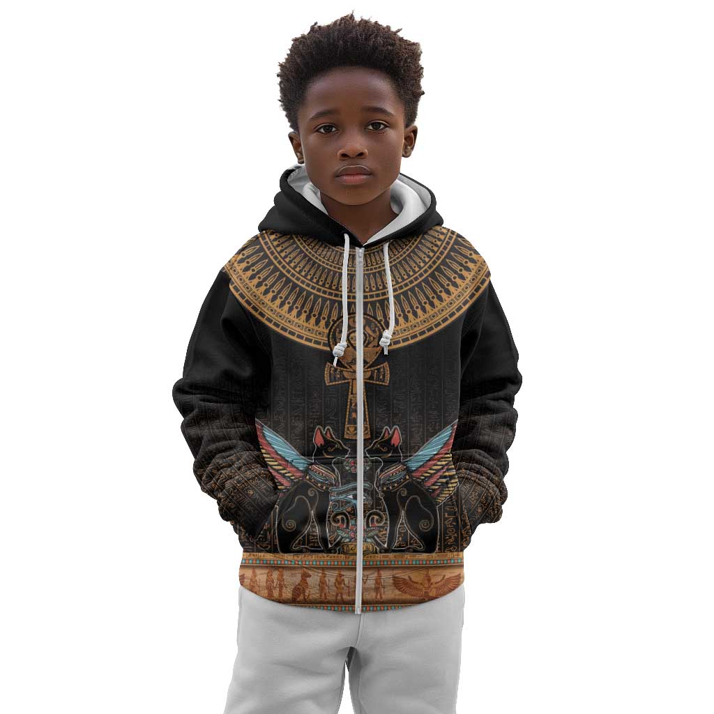 Winged Egypt Cats Kid Hoodie Hieroglyphs Alphabet Pattern