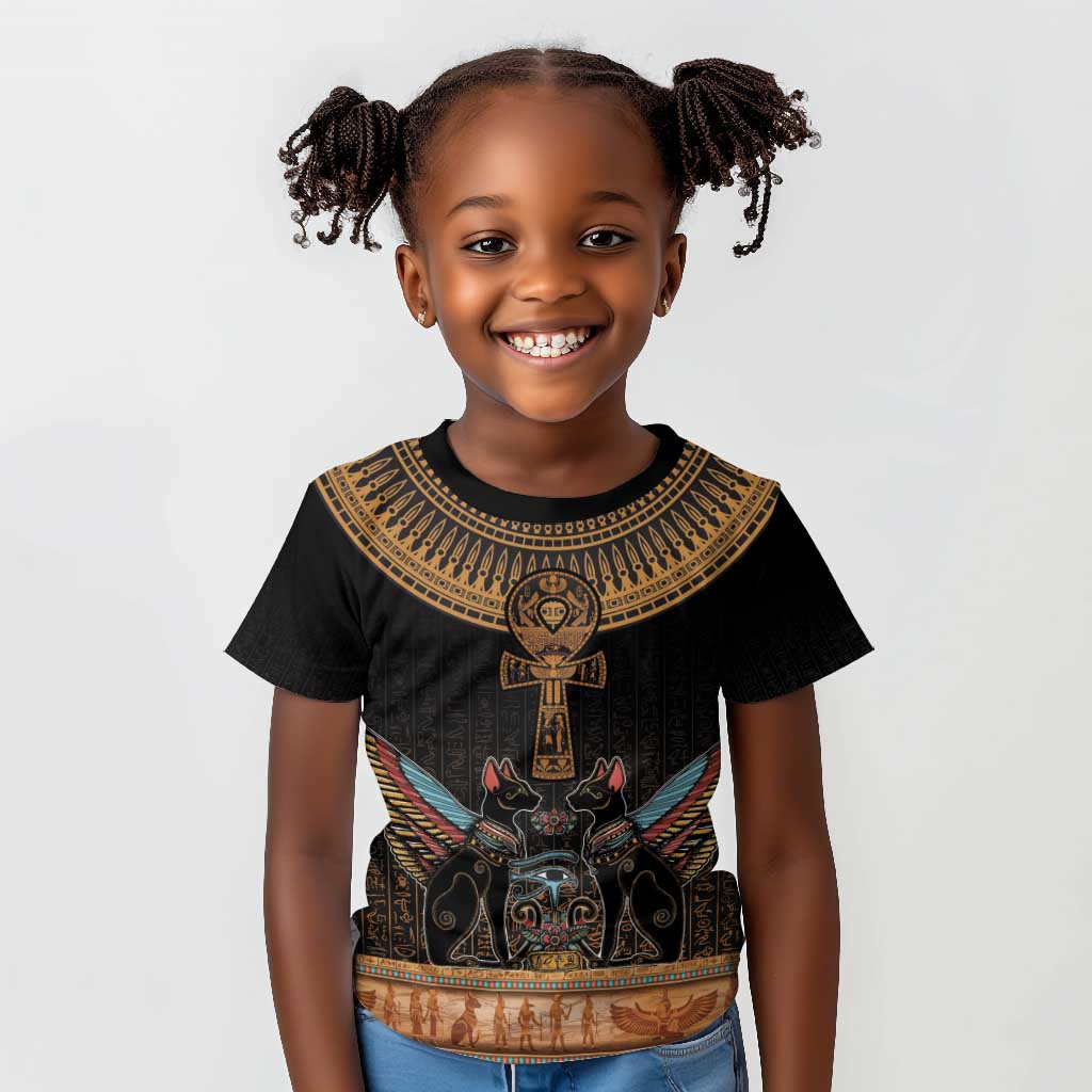 Winged Egypt Cats Kid T shirt Hieroglyphs Alphabet Pattern