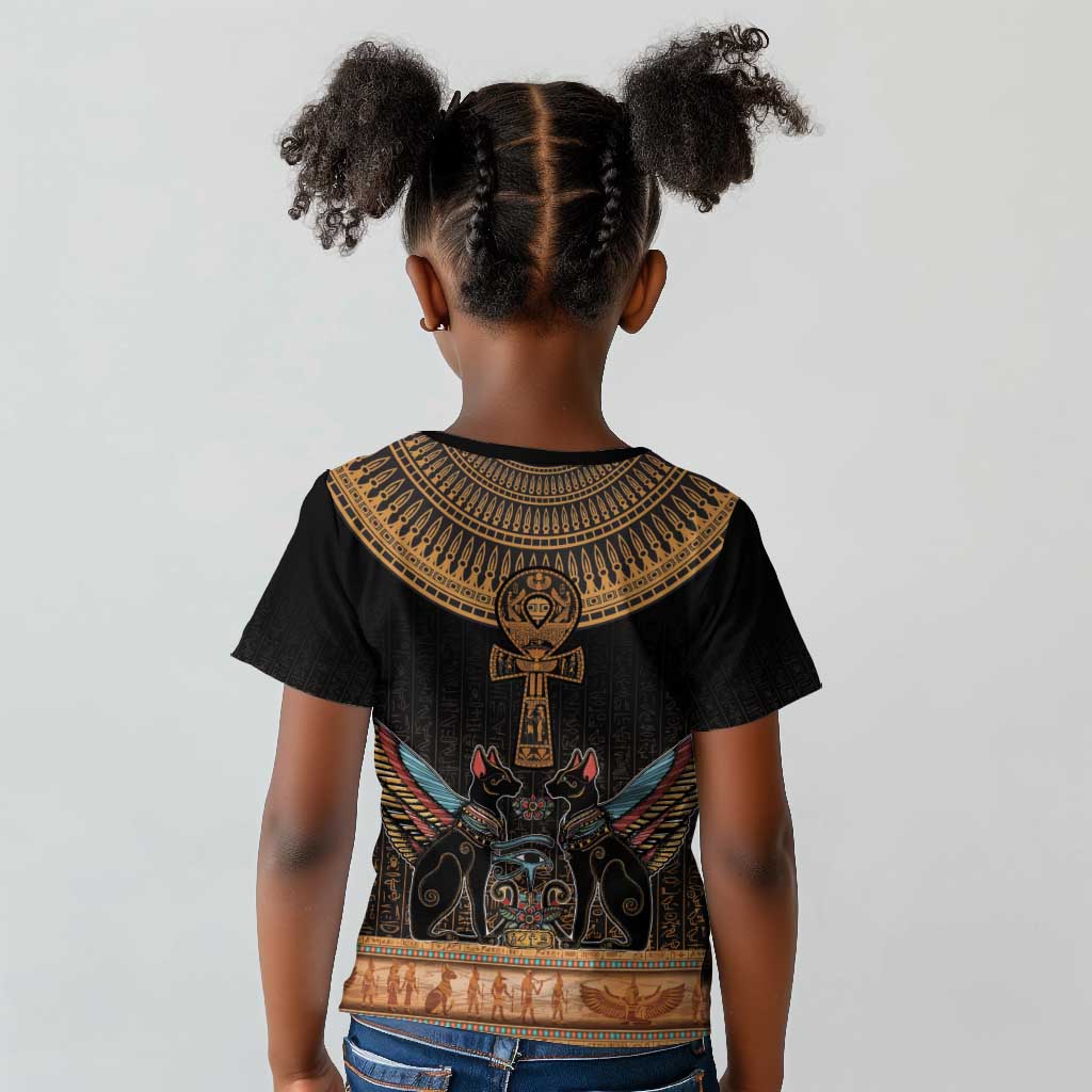 Winged Egypt Cats Kid T shirt Hieroglyphs Alphabet Pattern