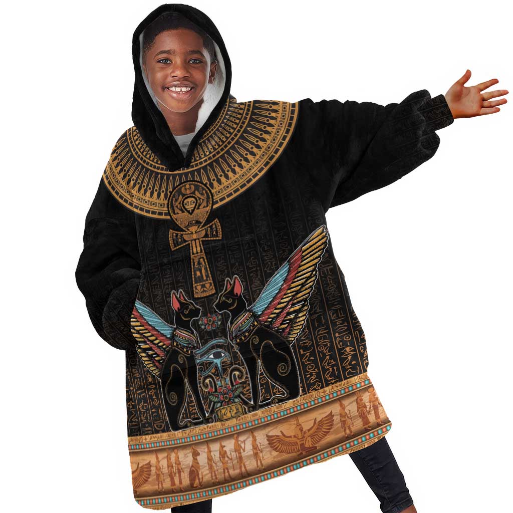 Winged Egypt Cats Kid Wearable Blanket Hoodie Hieroglyphs Alphabet Pattern