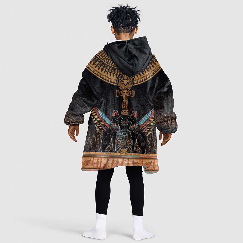 Winged Egypt Cats Kid Wearable Blanket Hoodie Hieroglyphs Alphabet Pattern