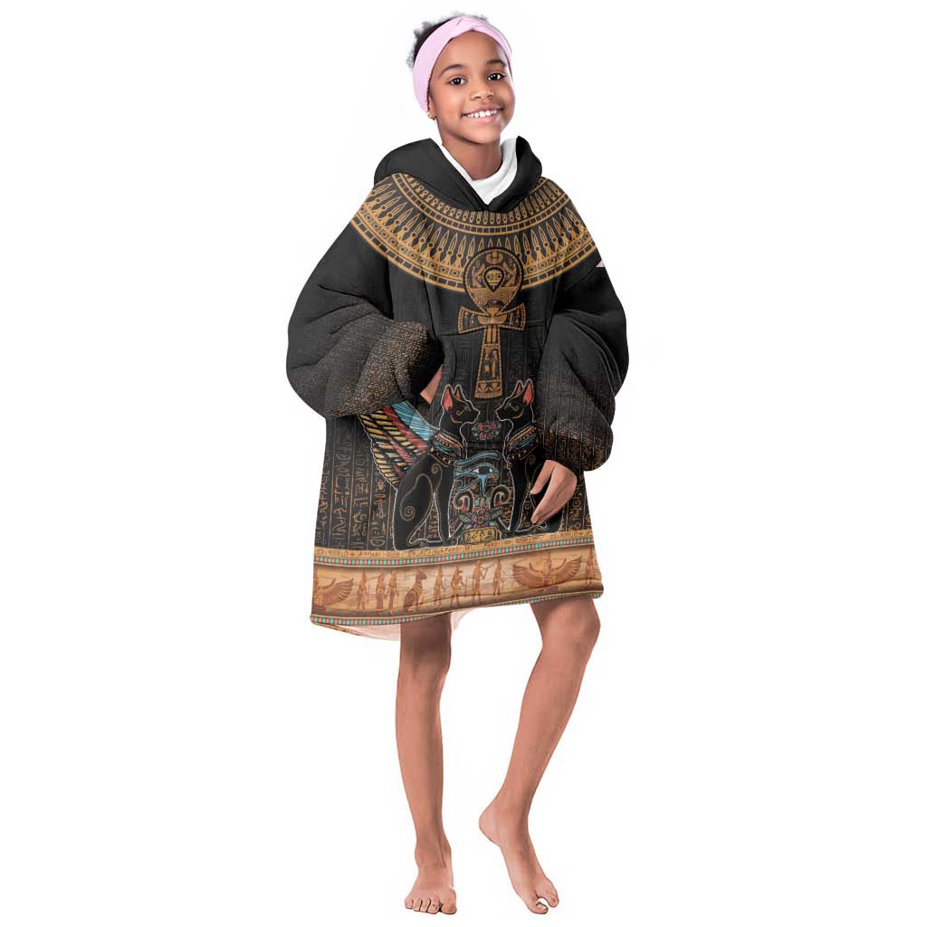 Winged Egypt Cats Kid Wearable Blanket Hoodie Hieroglyphs Alphabet Pattern