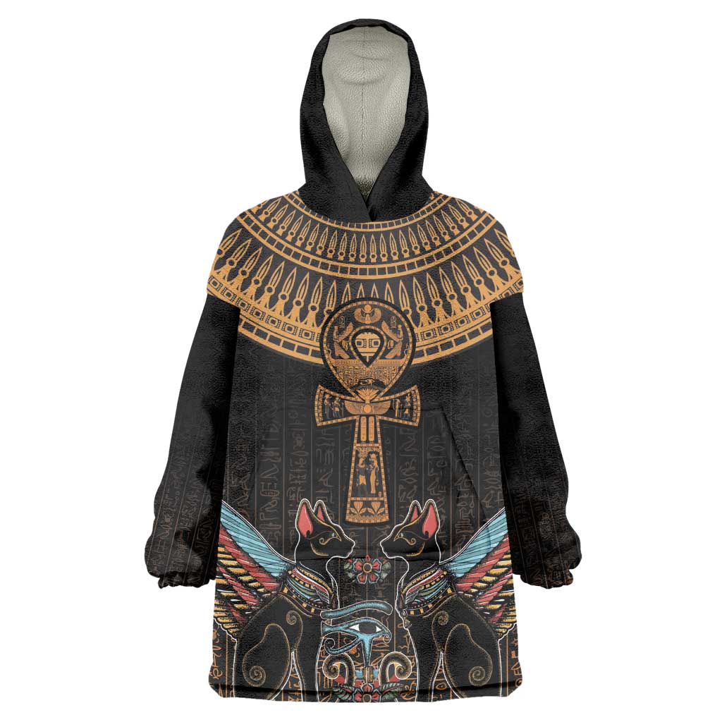 Winged Egypt Cats Kid Wearable Blanket Hoodie Hieroglyphs Alphabet Pattern