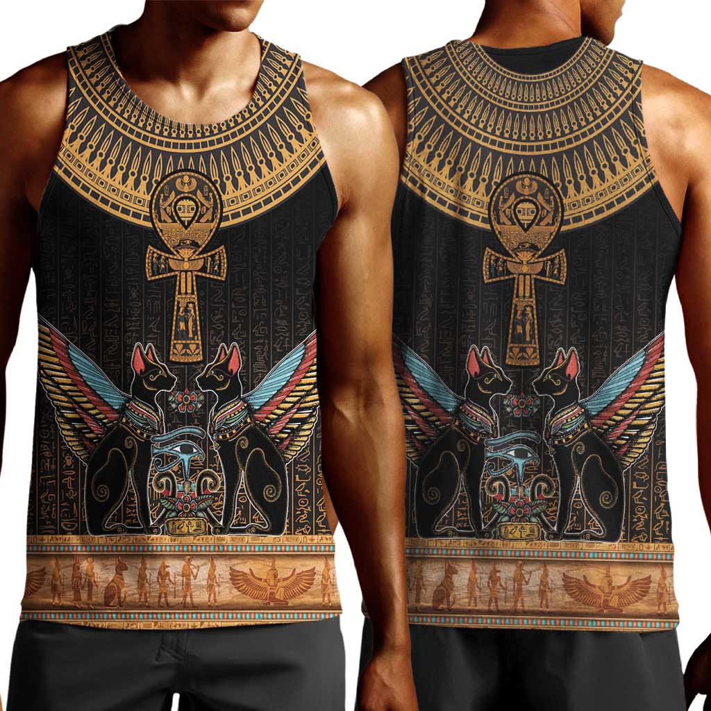 Winged Egypt Cats Men Tank Top Hieroglyphs Alphabet Pattern