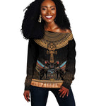 Winged Egypt Cats Off Shoulder Sweater Hieroglyphs Alphabet Pattern