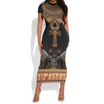 Winged Egypt Cats Short Sleeve Bodycon Dress Hieroglyphs Alphabet Pattern LT18