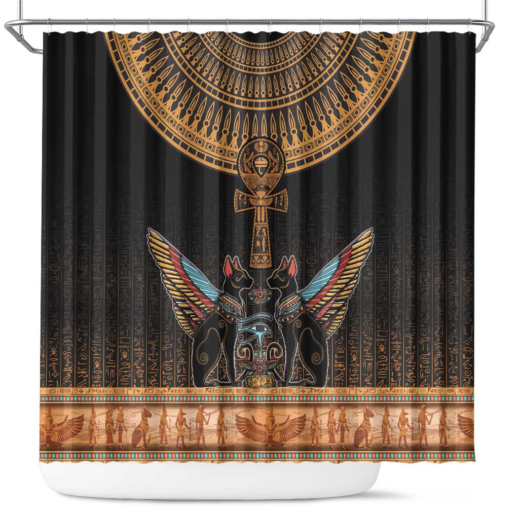 Winged Egypt Cats Shower Curtain Hieroglyphs Alphabet Pattern