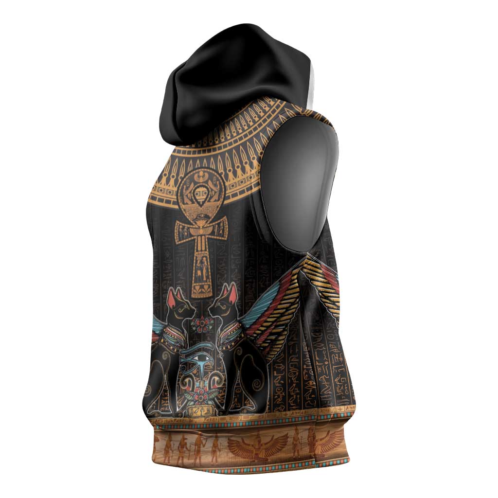 Winged Egypt Cats Sleeveless Hoodie Hieroglyphs Alphabet Pattern - African Pride