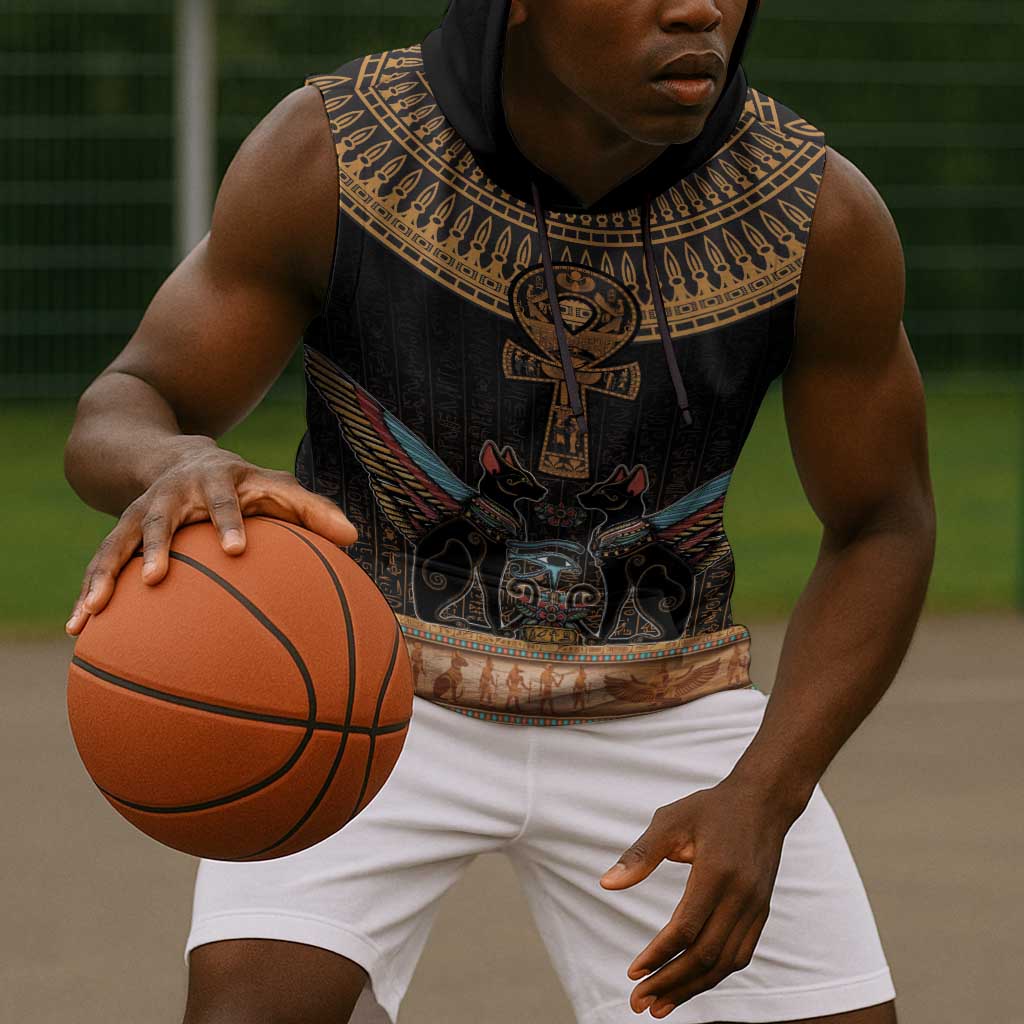 Winged Egypt Cats Sleeveless Hoodie Hieroglyphs Alphabet Pattern - African Pride