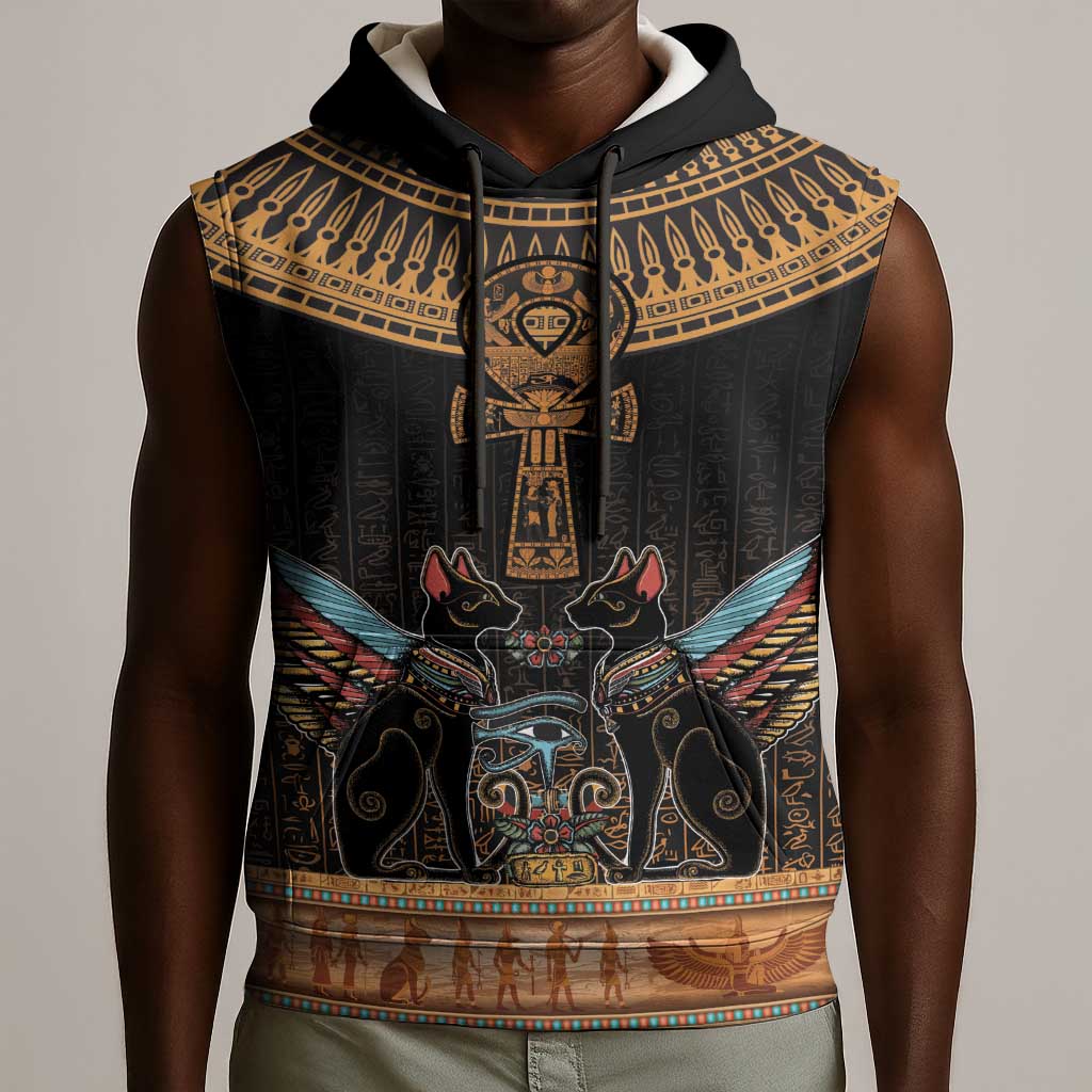 Winged Egypt Cats Sleeveless Hoodie Hieroglyphs Alphabet Pattern - African Pride