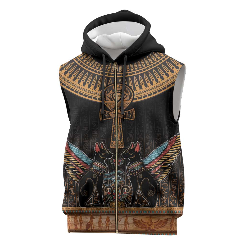 Winged Egypt Cats Sleeveless Zip Hoodie Hieroglyphs Alphabet Pattern - African Pride