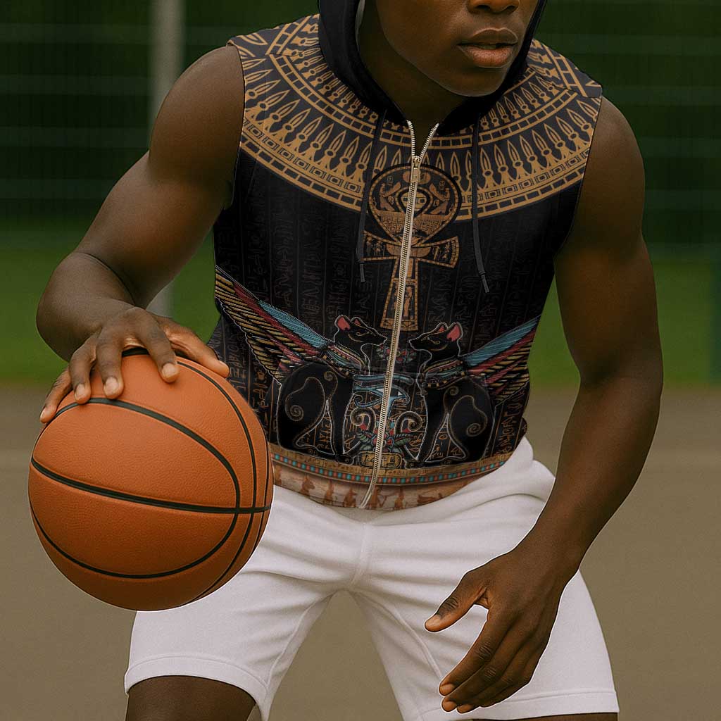 Winged Egypt Cats Sleeveless Zip Hoodie Hieroglyphs Alphabet Pattern - African Pride
