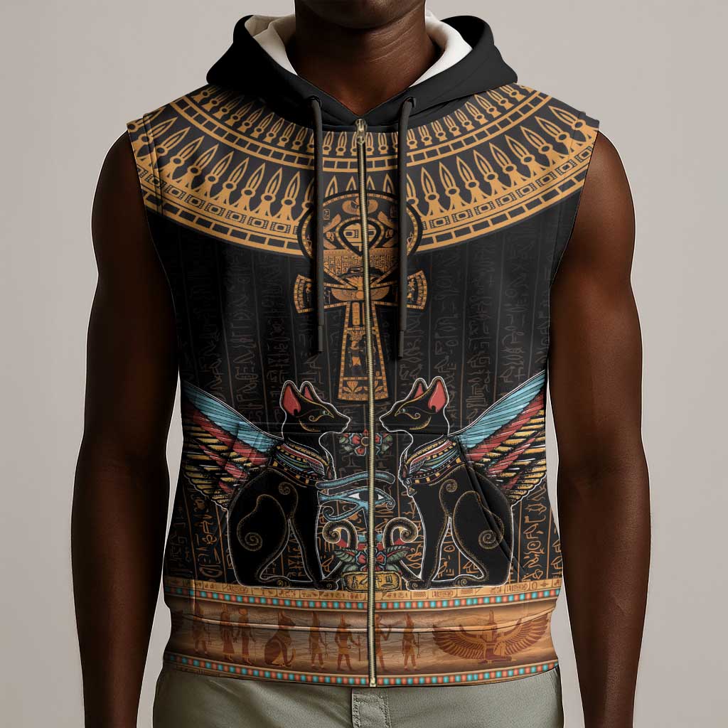 Winged Egypt Cats Sleeveless Zip Hoodie Hieroglyphs Alphabet Pattern - African Pride