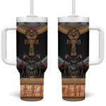 Winged Egypt Cats Tumbler With Handle Hieroglyphs Alphabet Pattern