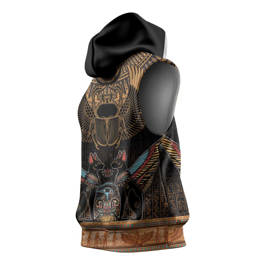 Ancient Egypt Scarab Beetle Sleeveless Hoodie Hieroglyphs Alphabet Pattern - African Pride