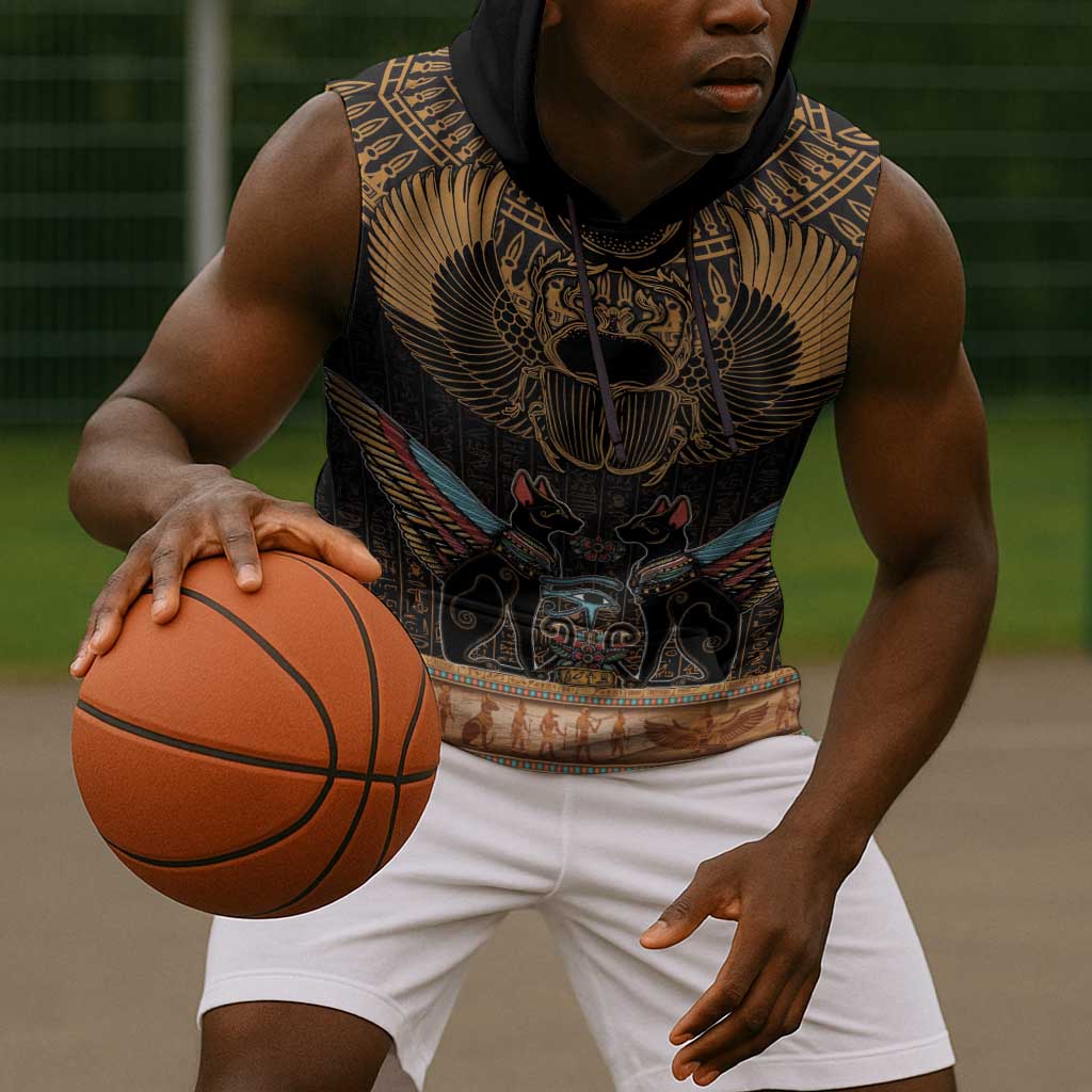 Ancient Egypt Scarab Beetle Sleeveless Hoodie Hieroglyphs Alphabet Pattern - African Pride