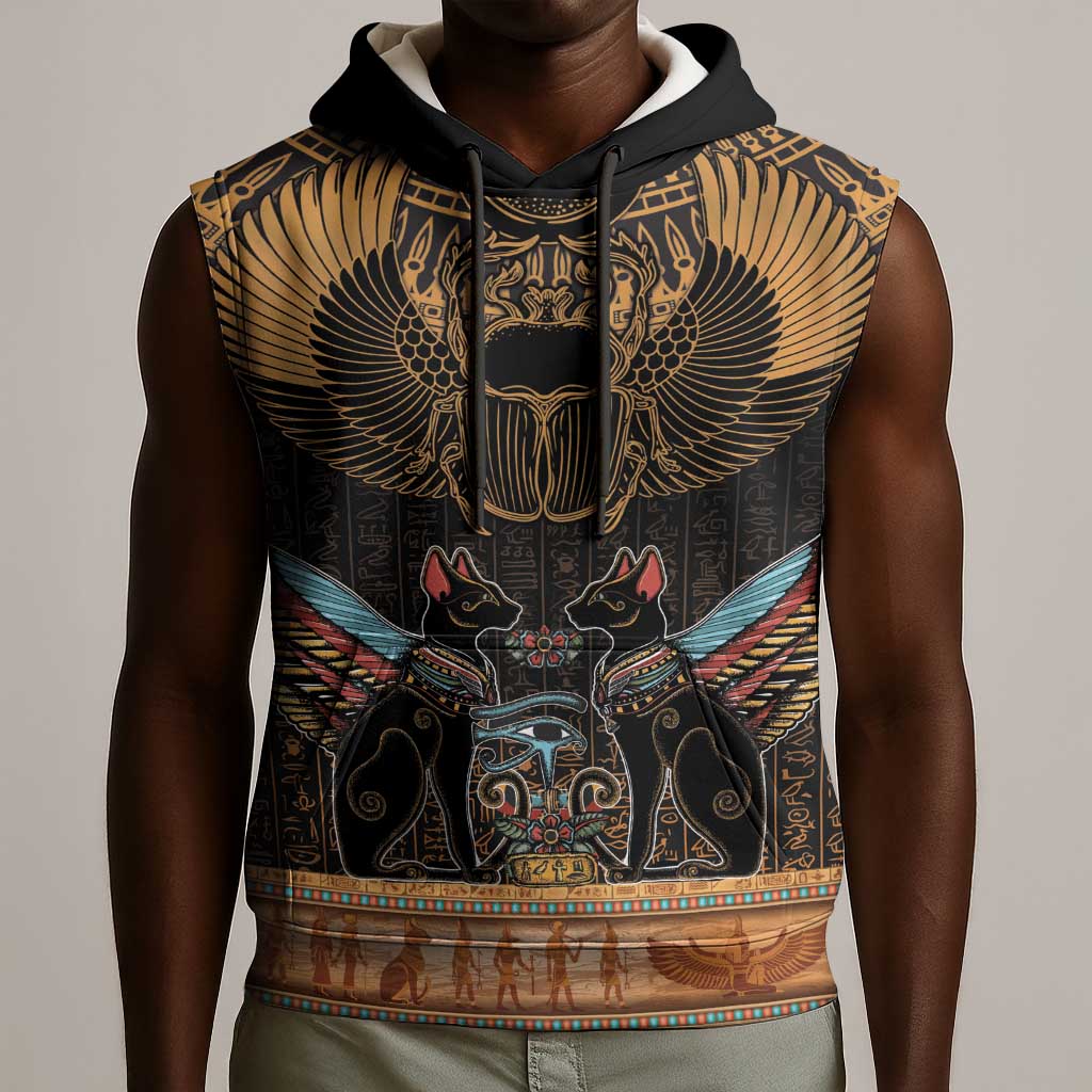 Ancient Egypt Scarab Beetle Sleeveless Hoodie Hieroglyphs Alphabet Pattern - African Pride