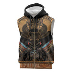 Ancient Egypt Scarab Beetle Sleeveless Zip Hoodie Hieroglyphs Alphabet Pattern - African Pride