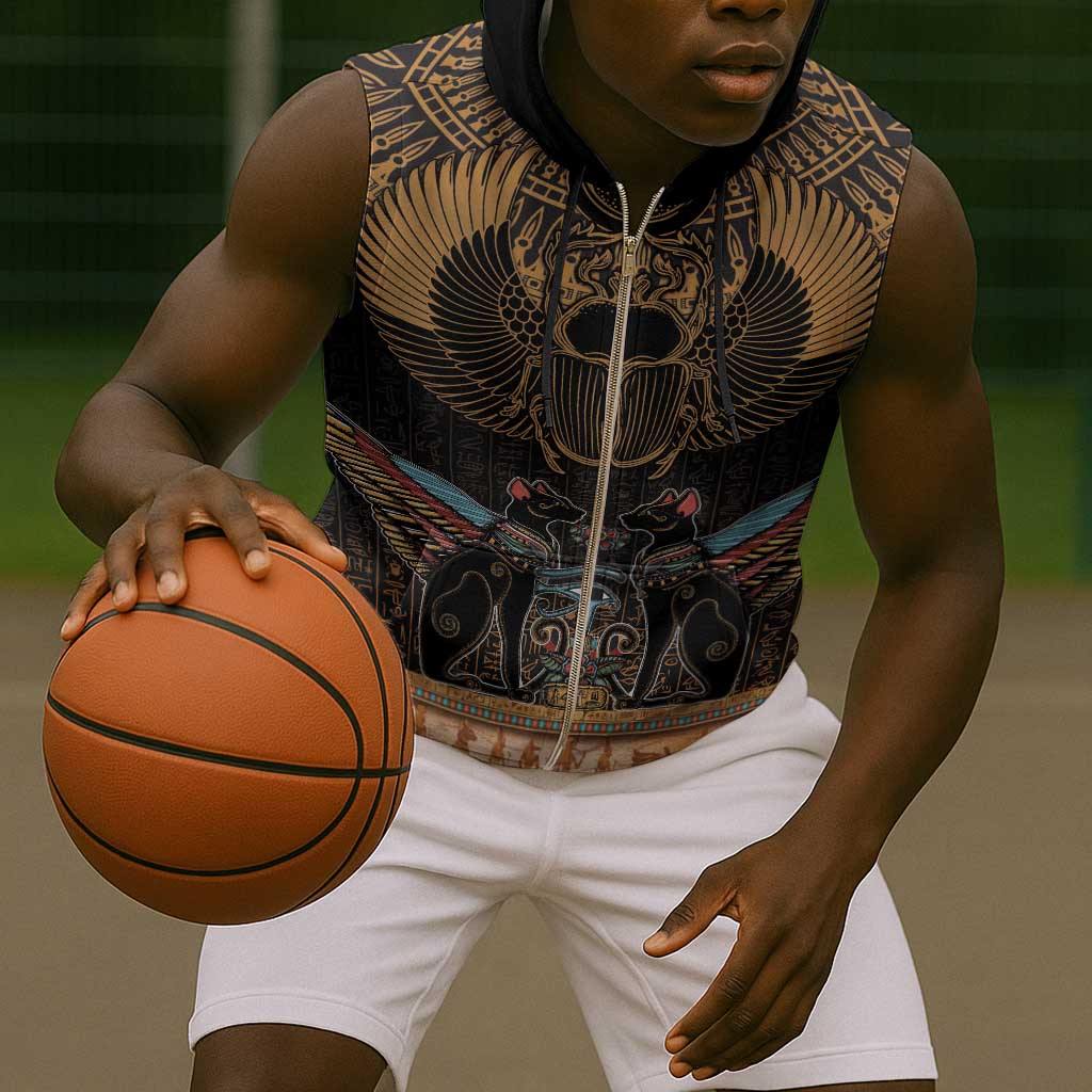 Ancient Egypt Scarab Beetle Sleeveless Zip Hoodie Hieroglyphs Alphabet Pattern - African Pride