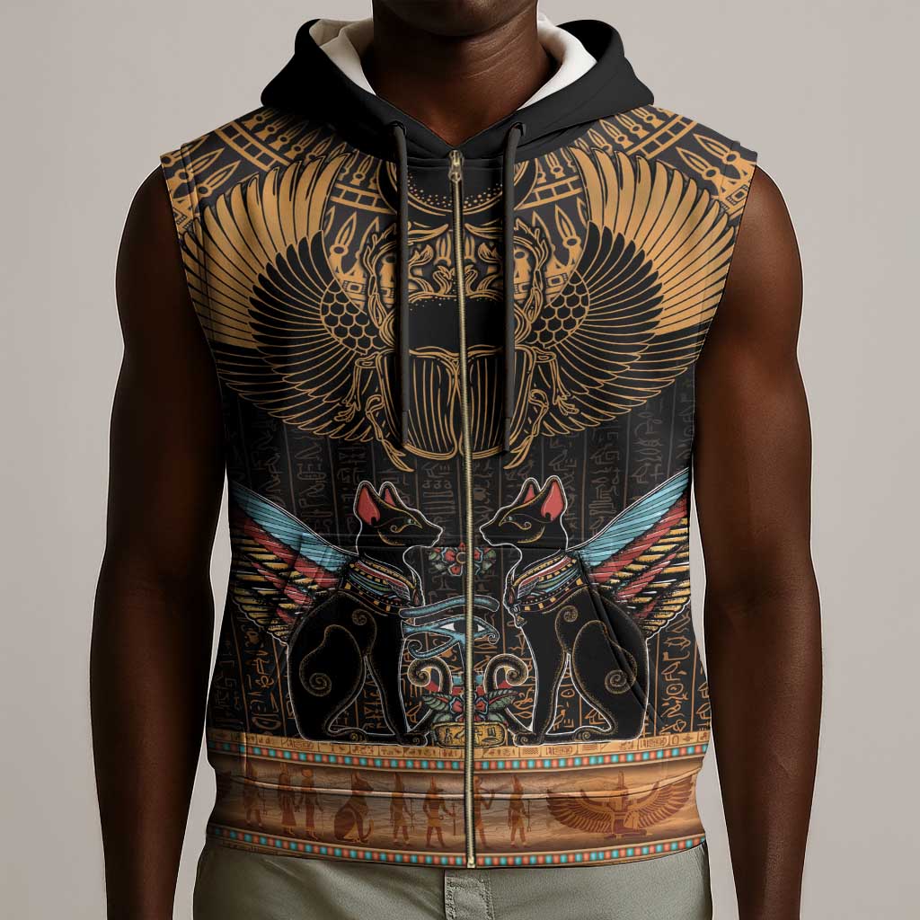 Ancient Egypt Scarab Beetle Sleeveless Zip Hoodie Hieroglyphs Alphabet Pattern - African Pride