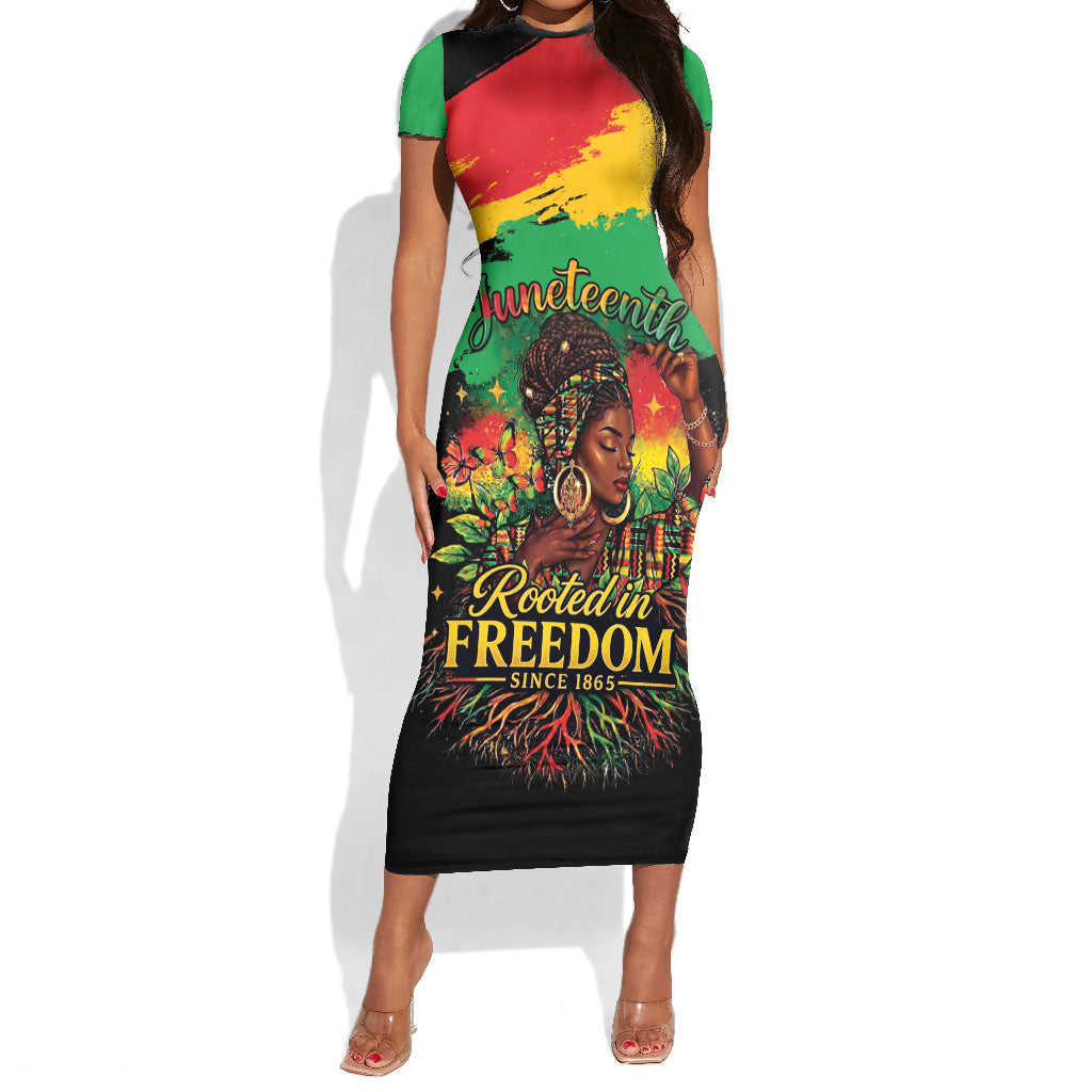 Juneteenth Rooted in Freedom Short Sleeve Bodycon Dress Black Pride African Queen by African Pride Shop
