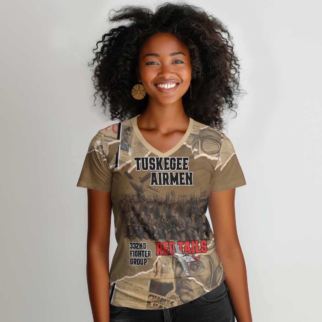 Tuskegee Airmen  Red Tails Tribute Women V-Neck T-Shirt Black History Air Force - African Pride