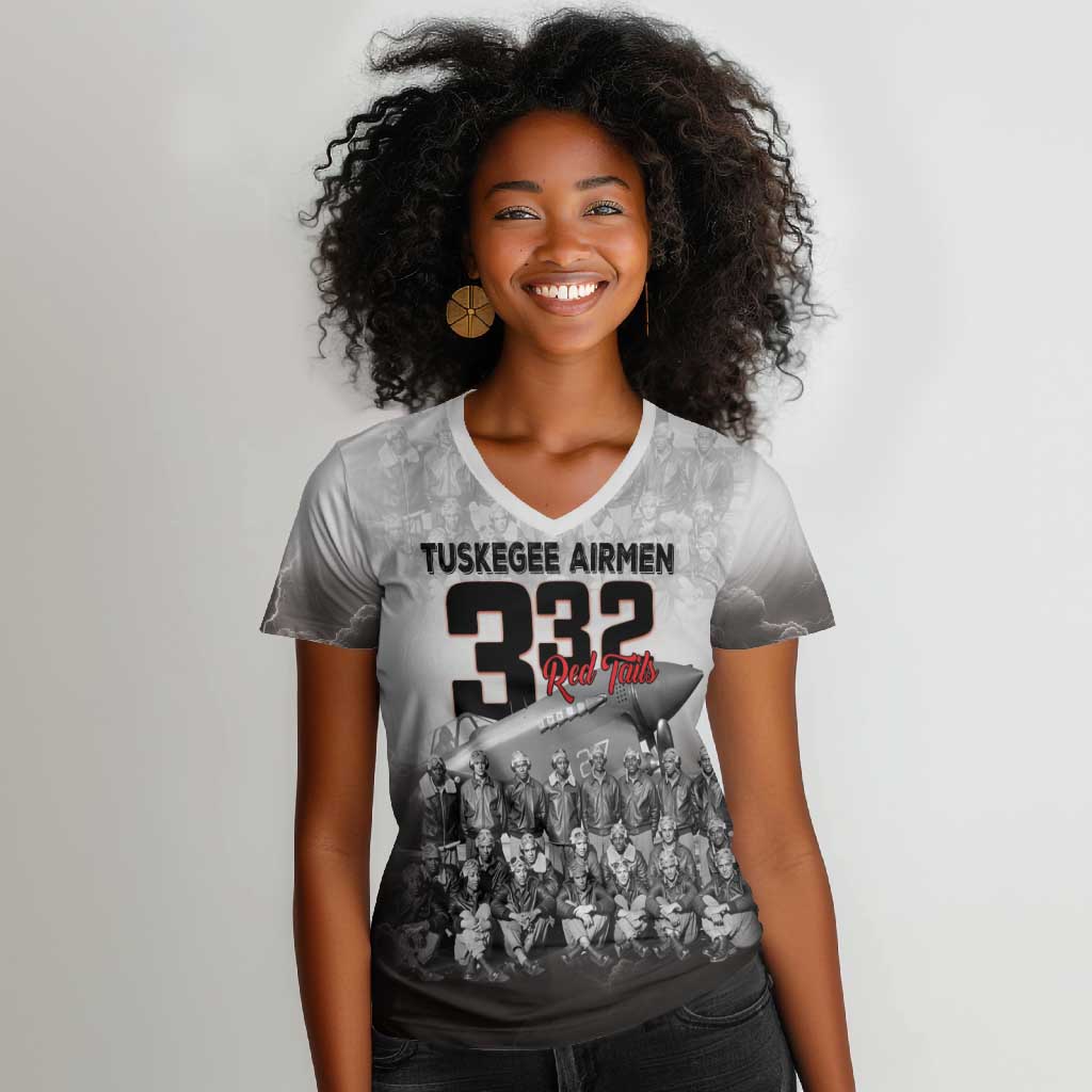 Tuskegee Airmen  Red Tails Pride Women V-Neck T-Shirt 332nd Fighter Group - African Pride