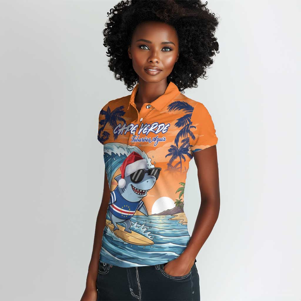 Christmas Cape Verde Women Polo Shirt Funny Shark Surfing - African Pride