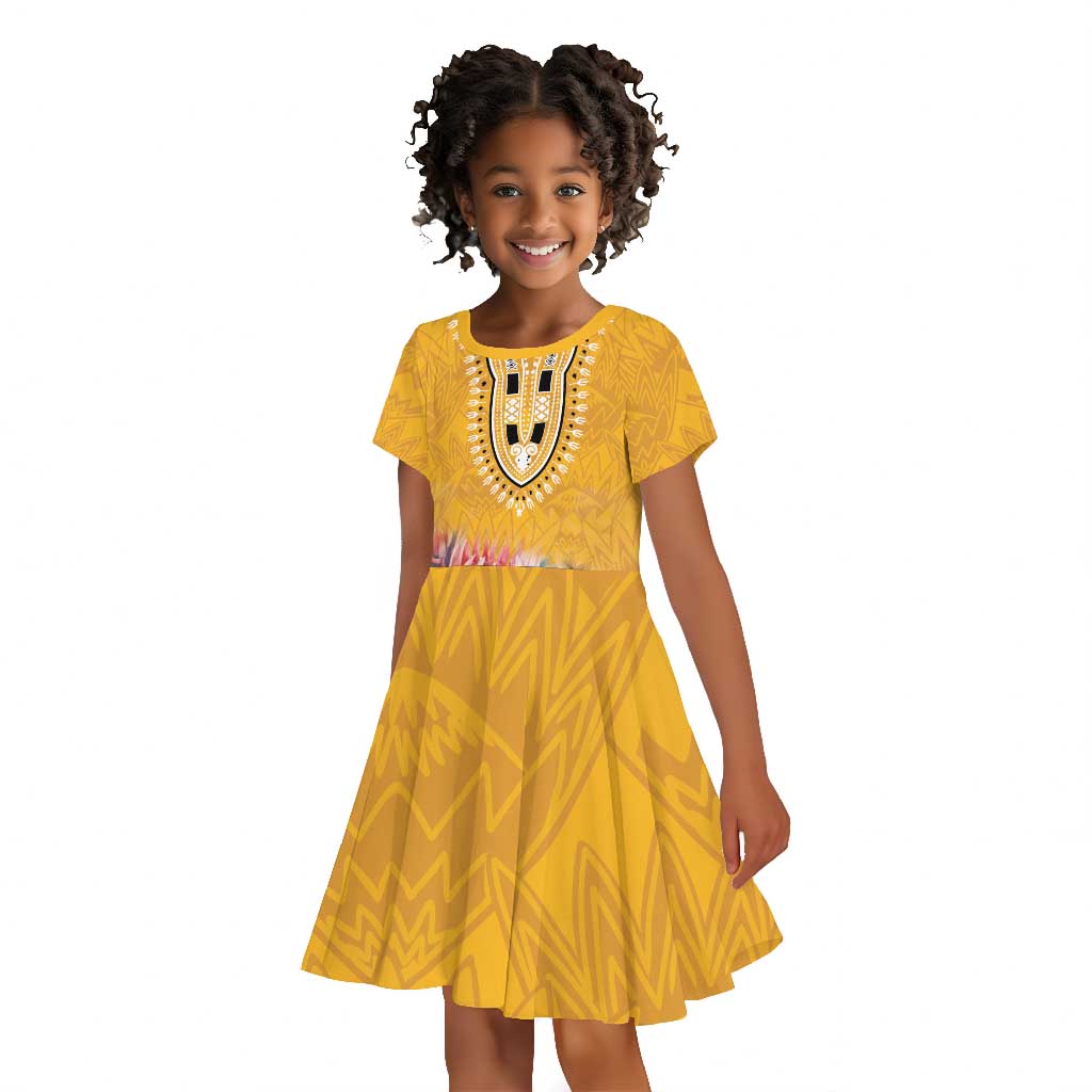 Africa Dashiki Kid Short Sleeve Dress King Protea Floral Motif Patterns